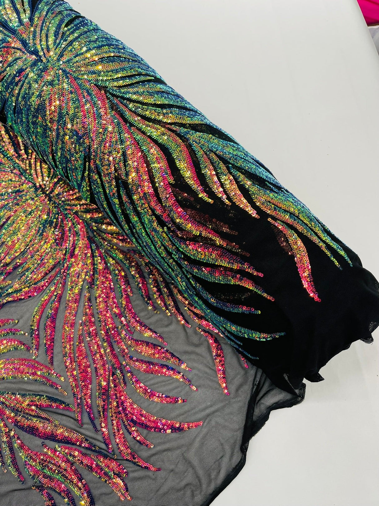 Phoenix Sequin Feather Polyester Fabric - Iridescent Flame Design, 54" Width (1 Yard)
