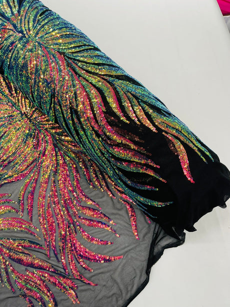 Phoenix Sequin Feather Polyester Fabric - Iridescent Flame Design, 54" Width (1 Yard)