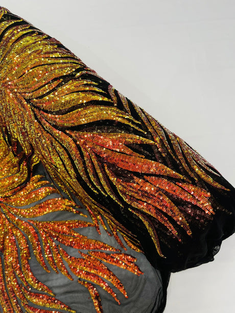 Phoenix Sequin Feather Polyester Fabric - Iridescent Flame Design, 54" Width (1 Yard)