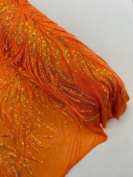 Phoenix Sequin Feather Polyester Fabric - Iridescent Flame Design, 54" Width (1 Yard)