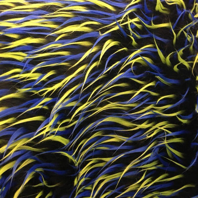 Lime Blue on Black Three Tone Spiked Faux Fur Fabric,