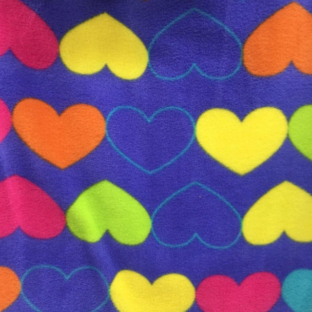 lime Yellow Orange Hearts on Blue Anti Pill Fleece Fabric,