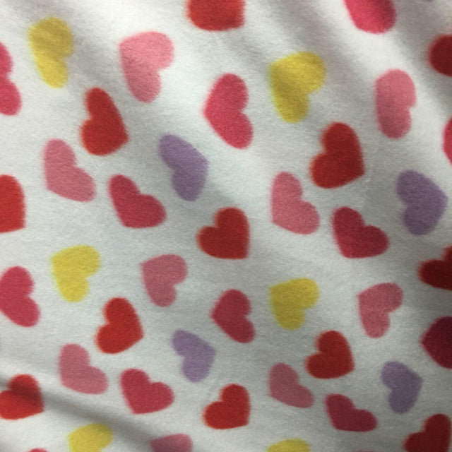 Red Yellow Hearts on White Anti Pill Fleece Fabric,