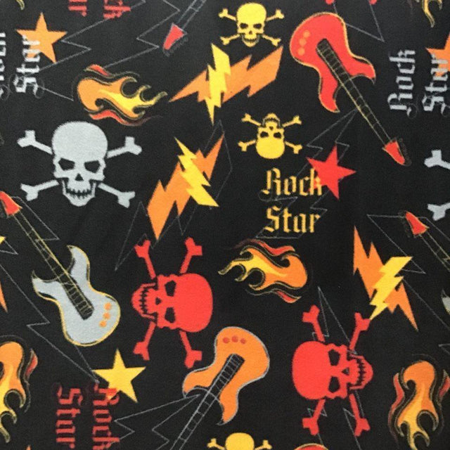 Rock star Guitar Skulls on Black Anti Pill Fleece Fabric,