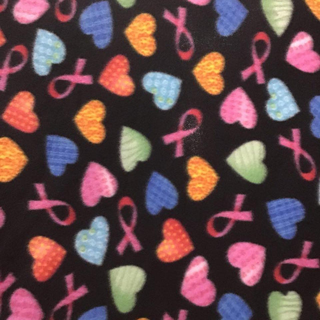 Pink Ribbon Cancer Colored Heart on Black Fleece Fabric,