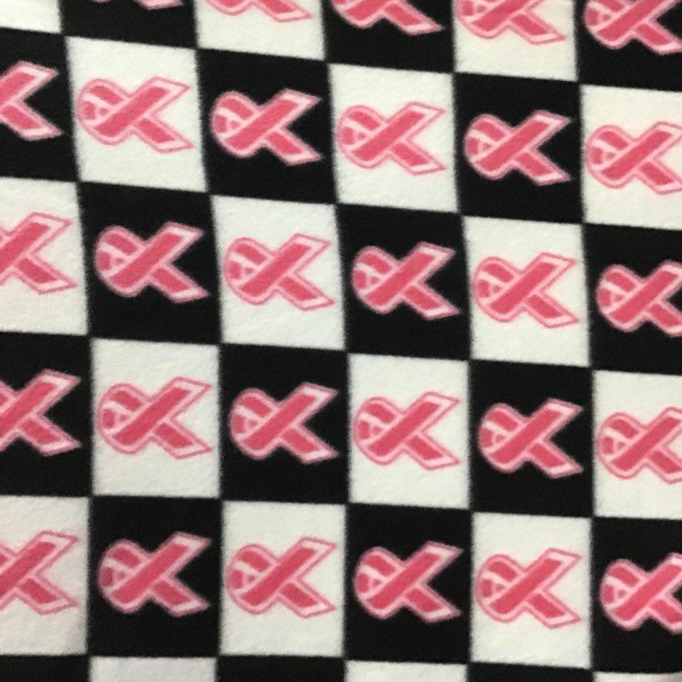 Pink Ribbon Cancer on Black White Checkered Anti Pill Fleece Fabric,