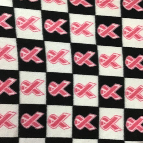 Pink Ribbon Cancer on Black White Checkered Anti Pill Fleece Fabric,