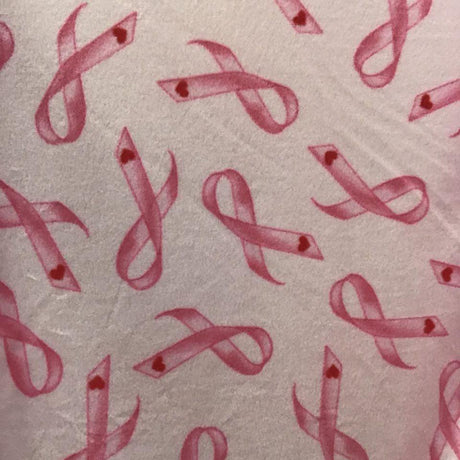 Pink Ribbon Cancer on White Anti Pill Fleece Fabric,