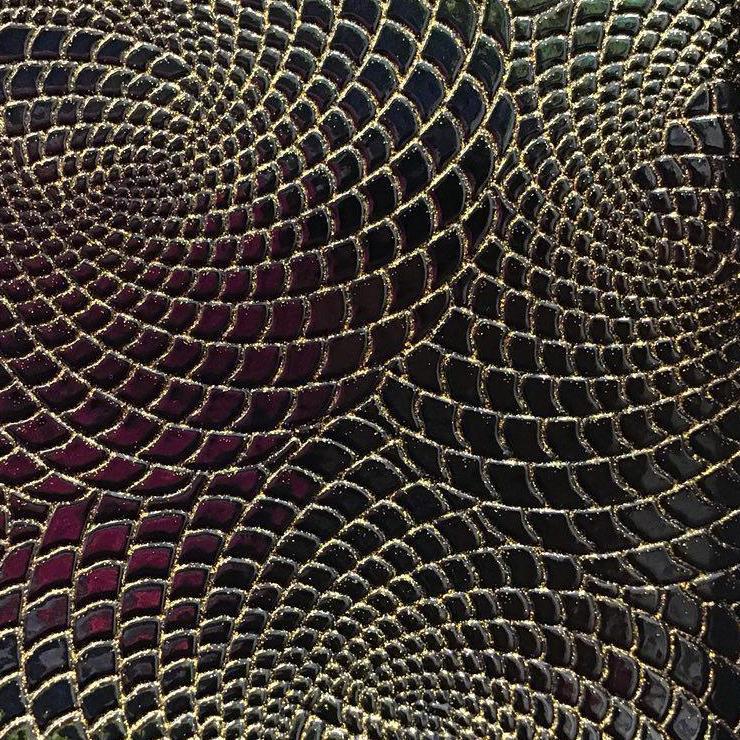Black Gold Hypnotic Spiral Sparkle PU Leather Fabric,