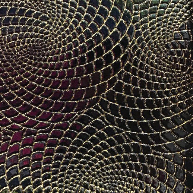 Black Gold Hypnotic Spiral Sparkle PU Leather Fabric,