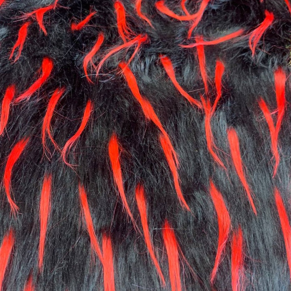 Red Black Faux Fur Two Tone Spiked Shaggy Long Pile Fabric,