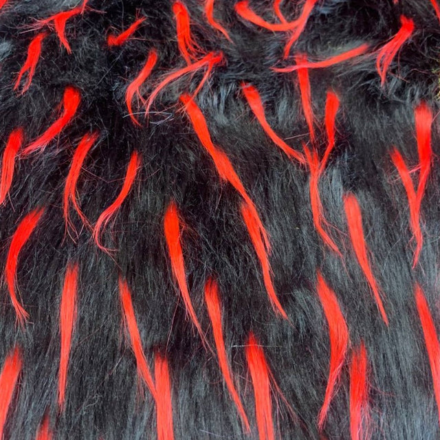 Red Black Faux Fur Two Tone Spiked Shaggy Long Pile Fabric,