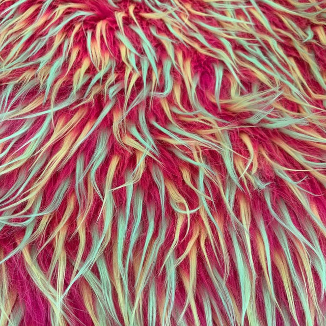 Yellow Green on Fuchsia Three Tone Spiked Faux Fur Fabric,