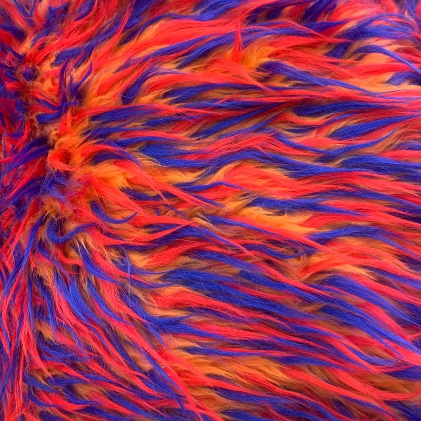 Blue Orange on Yellow Three Tone Spiked Faux Fur Fabric,