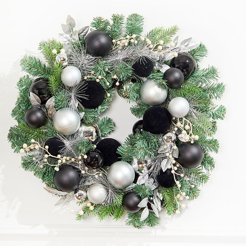 24" Pine Wreath Black Velvet Balls Christmas Door Decor