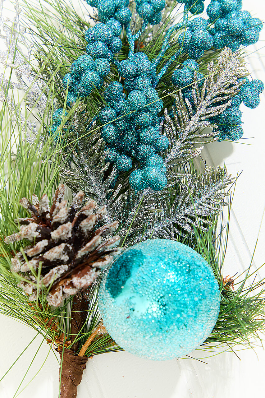 14.5" Aqua Glitter Pinecone Ornament Spray
