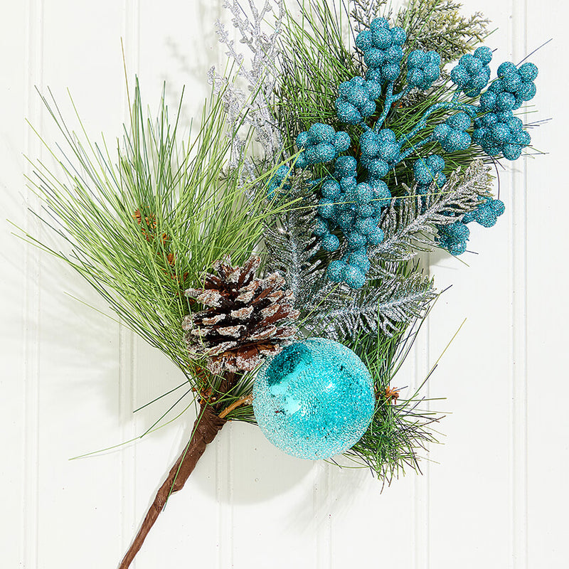 14.5 Inch Aqua Glitter Pine Cone Ornament Spray Decorative Christmas Pick