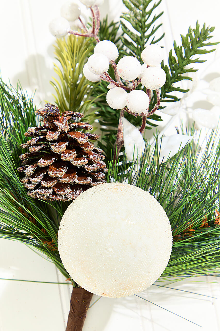 14.5" White Glitter Pinecone Ornament Spray