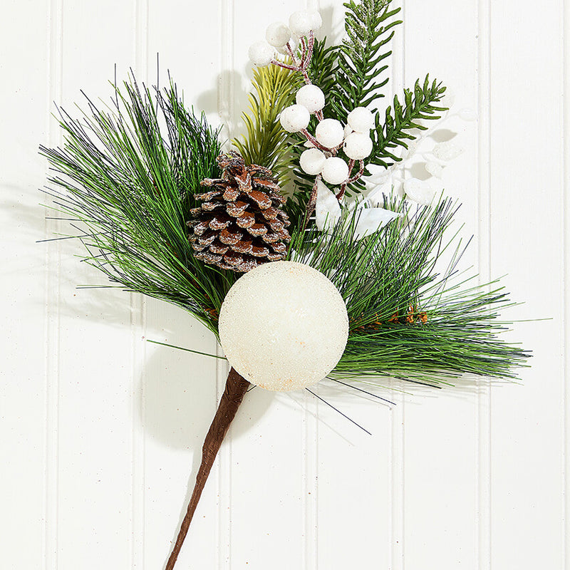 14.5 Inch White Glitter Pine Cone Ornament Spray Decorative Christmas Pick