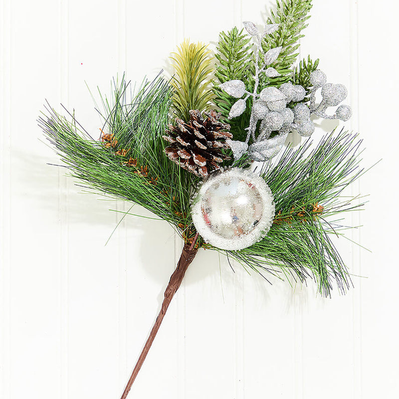 14.5 Inch Silver Glitter Pine Cone Ornament Spray Decorative Christmas Pick