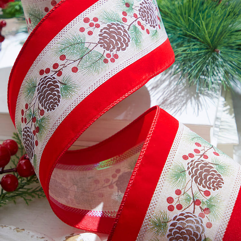 4" x 10 Yard Pinecone and Berry Wired Ribbon