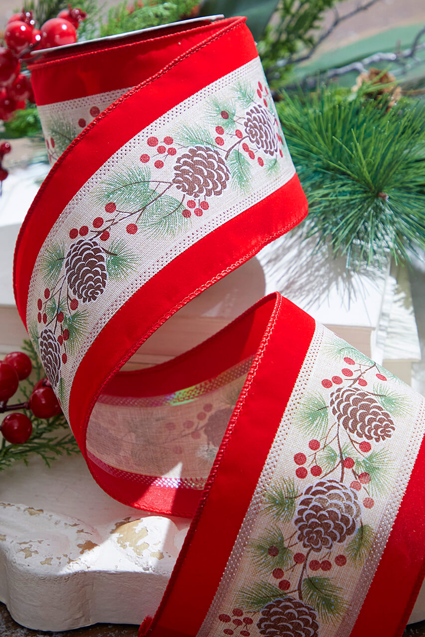 4" x 10 Yard Pinecone and Berry Wired Ribbon