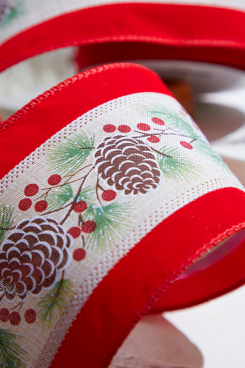 4" x 10 Yard Pinecone and Berry Wired Ribbon