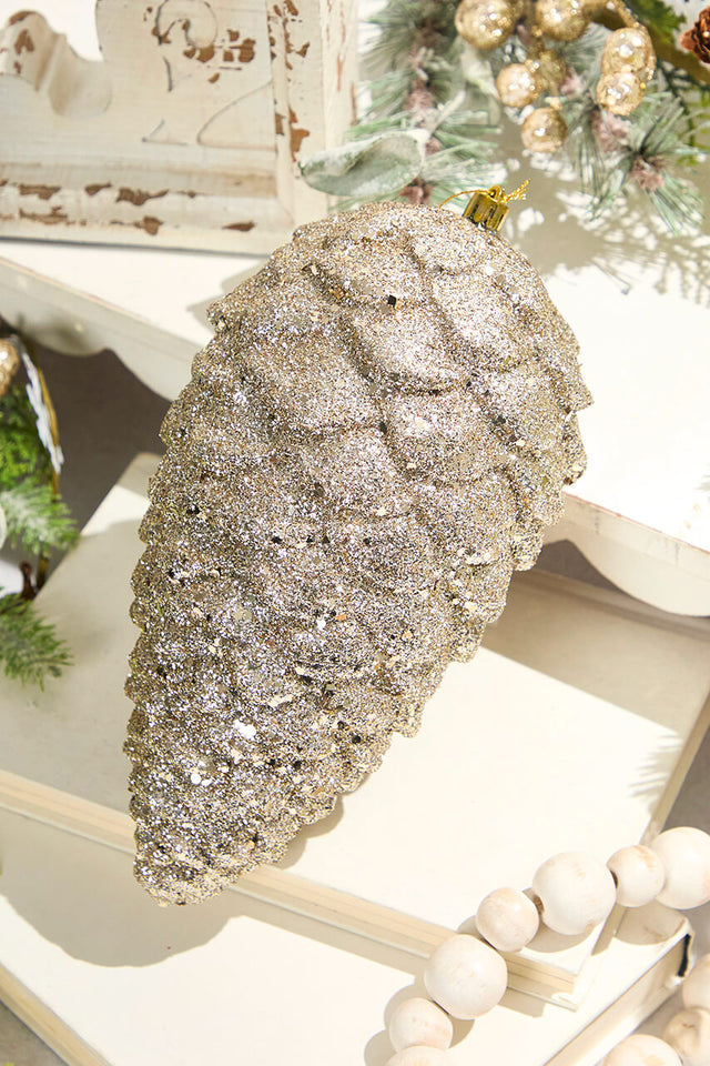 9" Glitter Pinecone with Hanger - Champagne