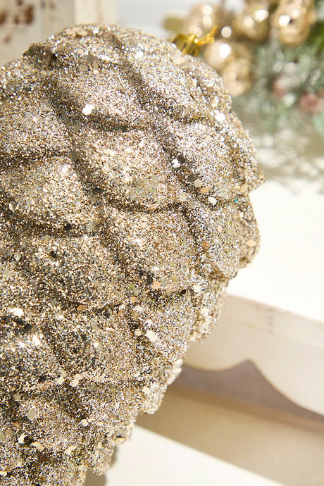 9" Glitter Pinecone with Hanger - Champagne