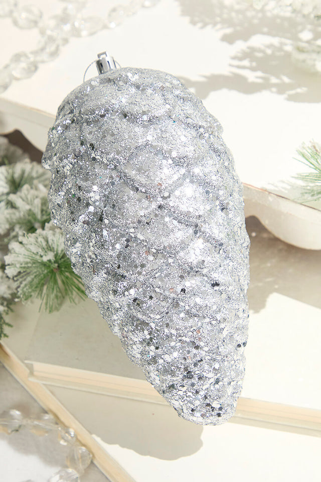 9" Glitter Pinecone with Hanger - Silver