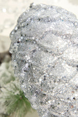Silver Glitter Pine Cone Ornament 9 Inch Hanging Christmas Decor
