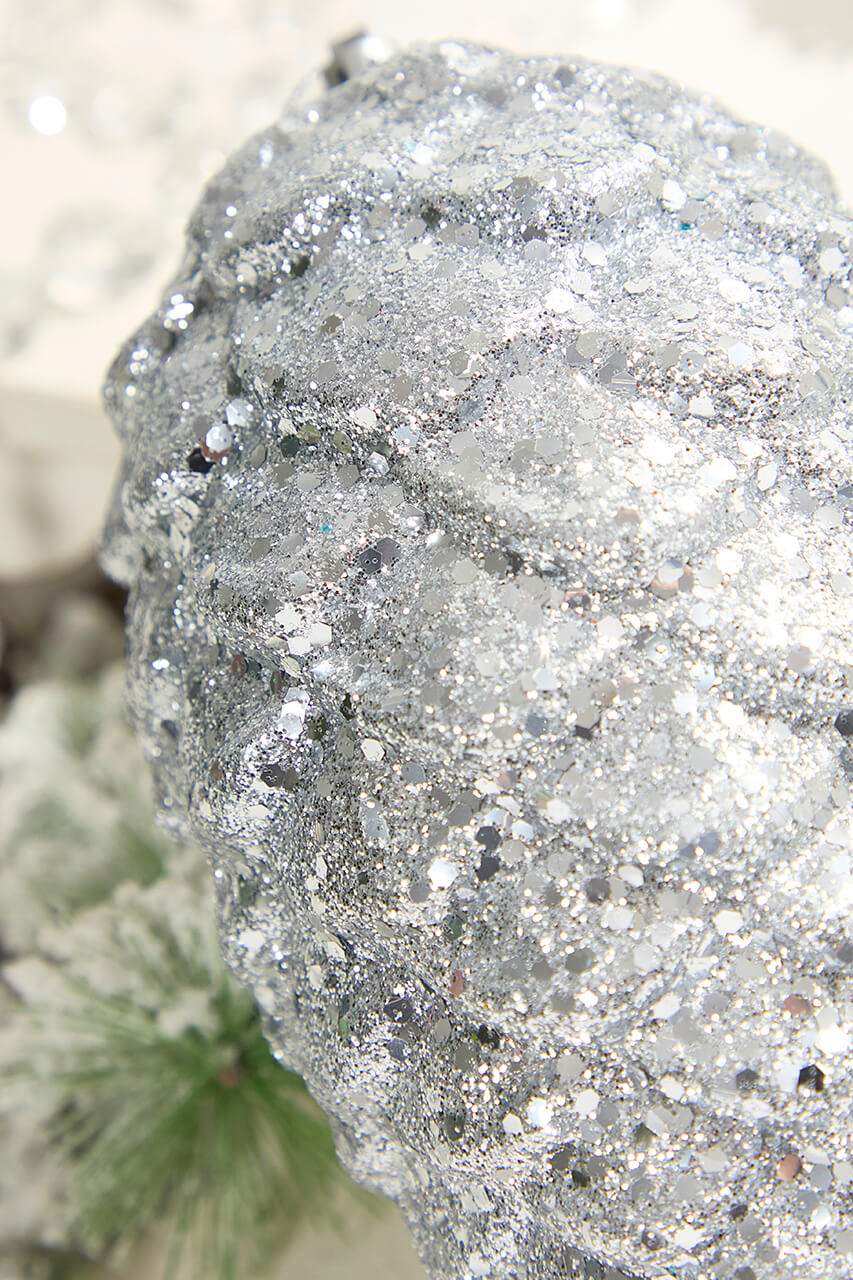9" Glitter Pinecone with Hanger - Silver