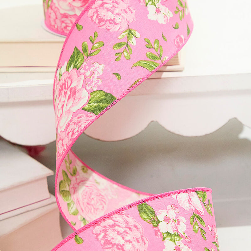 2.5"x 10 Yards Pink Spring Floral Ribbon Wired Spring Craft Ribbon