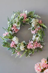 24 InchMixed Flower Wreath Pink White and Green Decorative Spring Summer Floral Door Wall Wreath