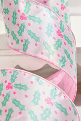 4 Inch x 10 Yard Pink Holly Leaf Wired Ribbon Christmas Decor