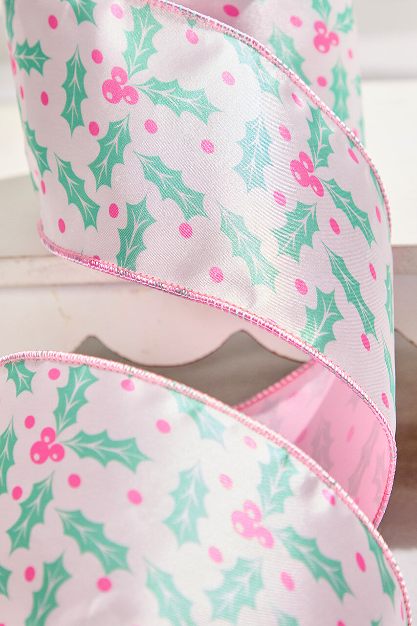 4" x 10 Yard Pink Holly Leaf Ribbon