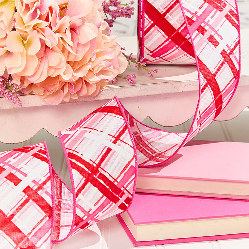 2.5" x 10 Yard Pink, Red & White Plaid Valentine Ribbon Festive Decorative Craft Ribbon