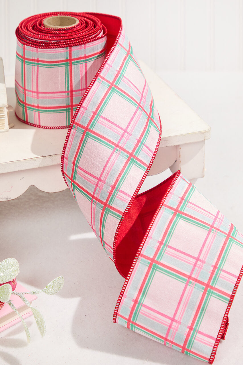 4" x 10 Yard Red/Green/Pink on White Plaid Ribbon