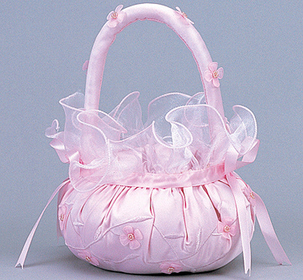 Pink Satin Flower Girl Basket 2 with Organza Flowers Wedding