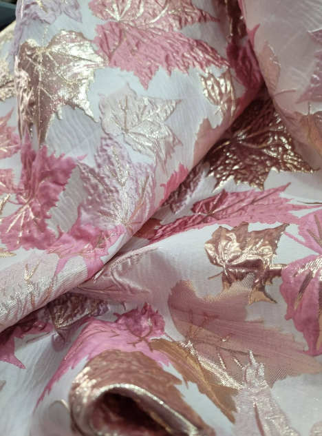 Brocade Jacquard Metallic Pink Maple Leaves