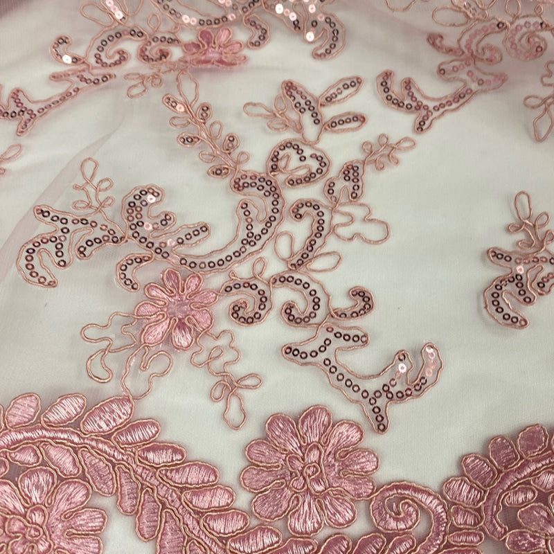 Elena's Lace 100 Percent Polyester Fabric - Light Pink Corded Mesh Embroidered With Sequins, Double Scalloped Edge, 54" Width (1 Yard)