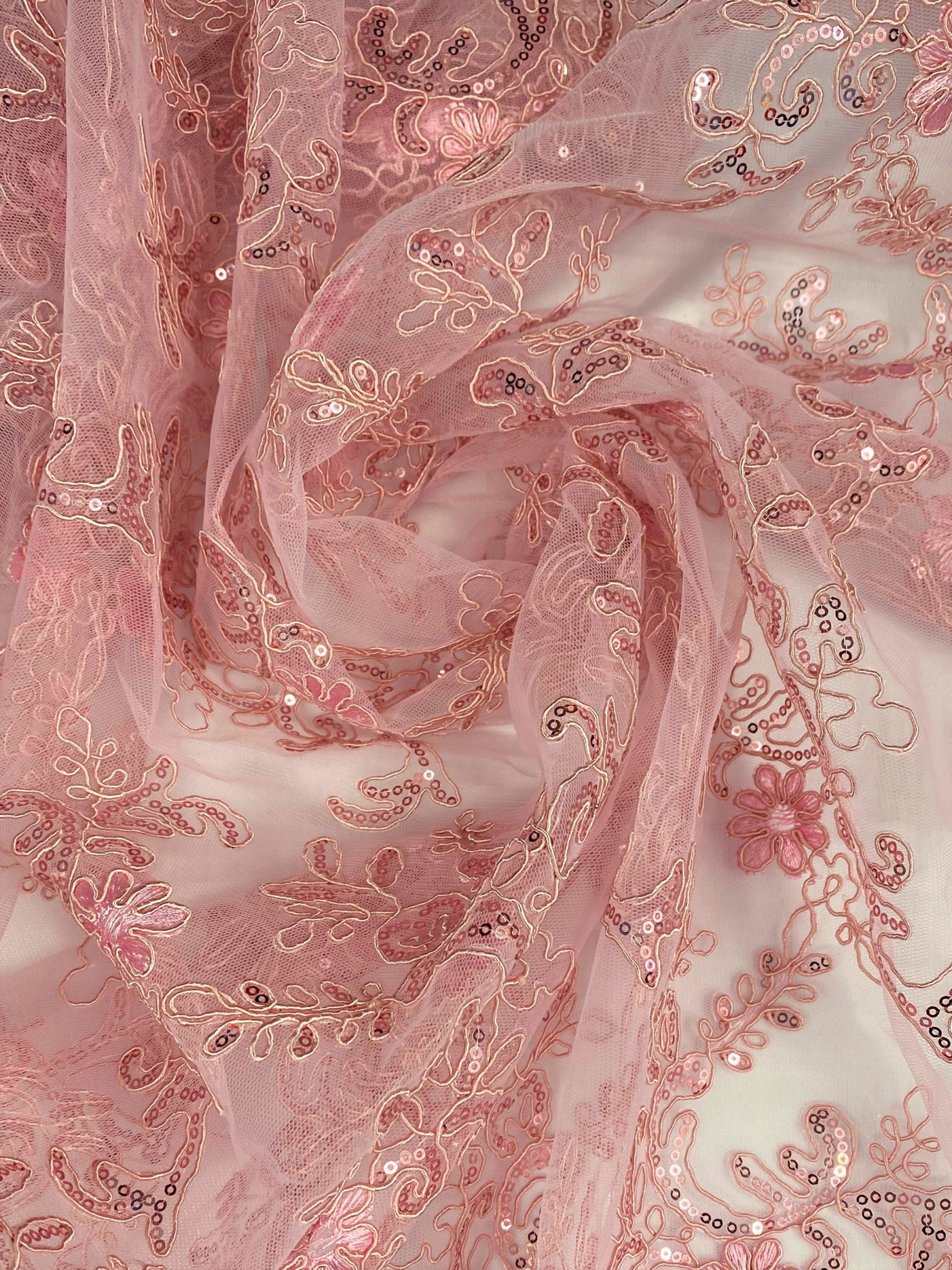 Elena's Lace 100 Percent Polyester Fabric - Light Pink Corded Mesh Embroidered With Sequins, Double Scalloped Edge, 54" Width (1 Yard)