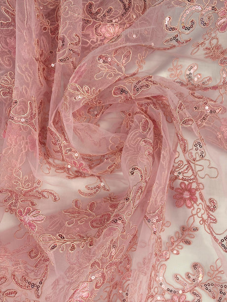 Elena's Lace 100 Percent Polyester Fabric - Light Pink Corded Mesh Embroidered With Sequins, Double Scalloped Edge, 54" Width (1 Yard)