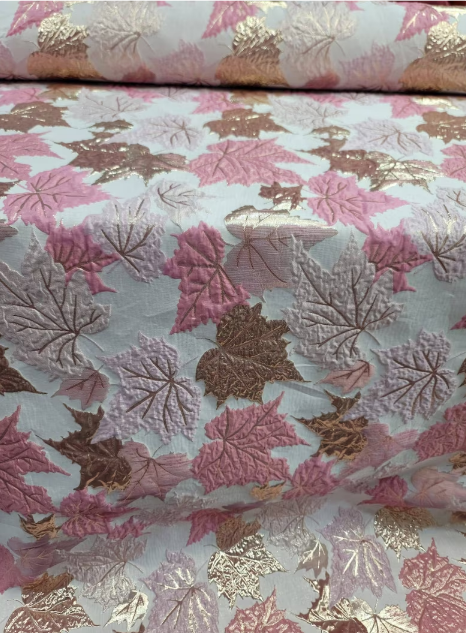 Brocade Jacquard Metallic Pink Maple Leaves