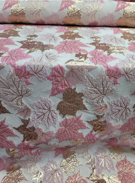 Brocade Jacquard Metallic Pink Maple Leaves