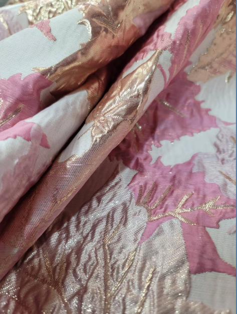 Brocade Jacquard Metallic Pink Maple Leaves