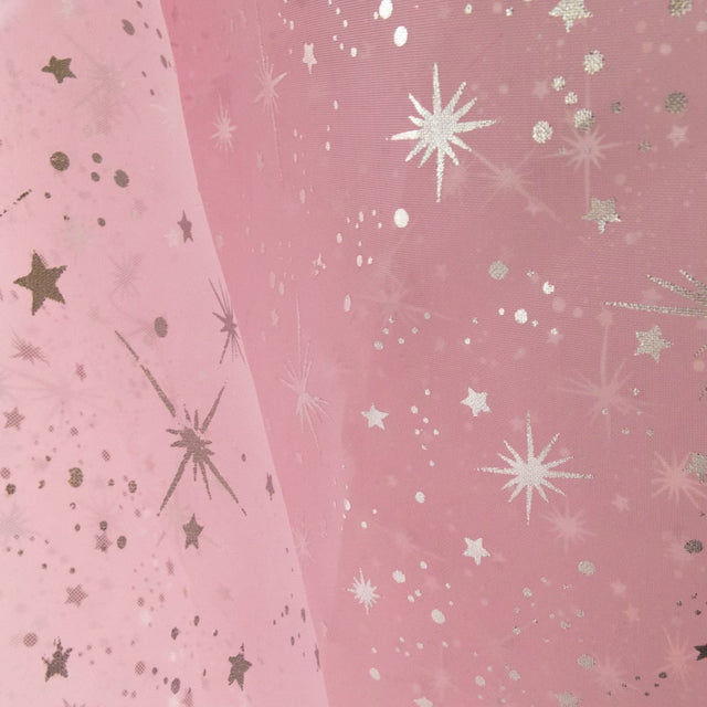 Star Bursts Sheer Organza Fabric - Pink, Turquoise, White, 58" Width