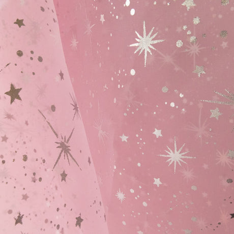 Pink Star Bursts Sheer Organza Fabric - Pink Star Bursts, 58/60" Width (1 Yard)