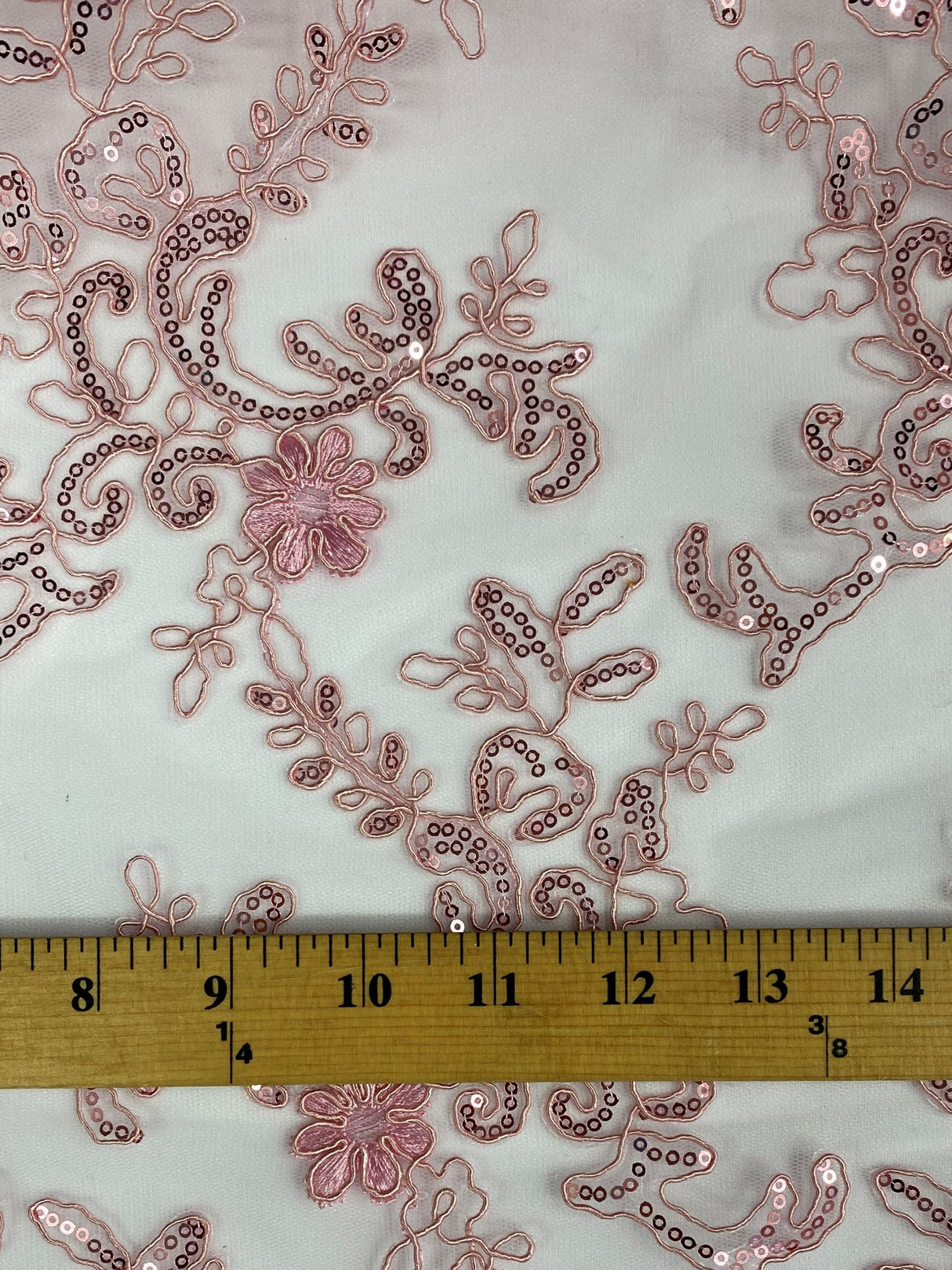 Elena's Lace 100 Percent Polyester Fabric - Light Pink Corded Mesh Embroidered With Sequins, Double Scalloped Edge, 54" Width (1 Yard)