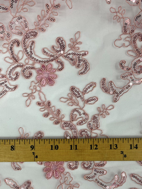 Elena's Lace 100 Percent Polyester Fabric - Light Pink Corded Mesh Embroidered With Sequins, Double Scalloped Edge, 54" Width (1 Yard)